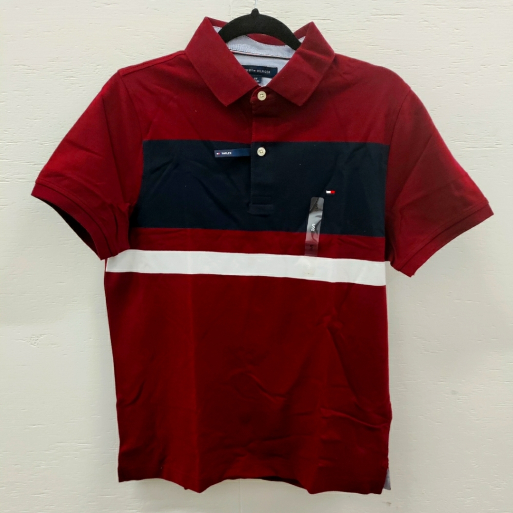 THFLEX Tommy hilfiger maroon blue white collar shirt horzontal stripes NWT